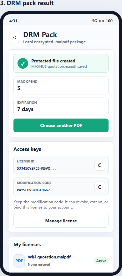 MaiPDF App DRM protected file result