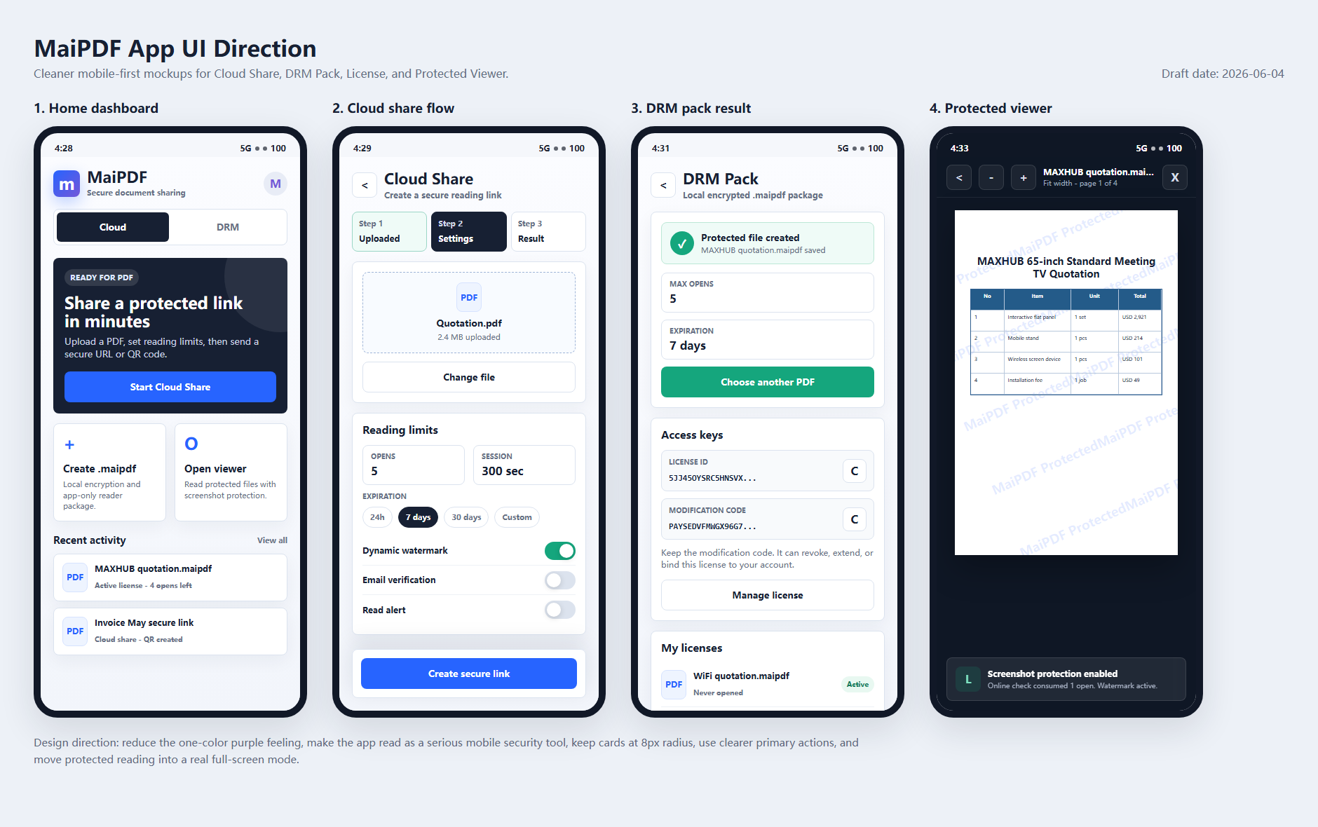 MaiPDF App overview: cloud sharing and App DRM screens