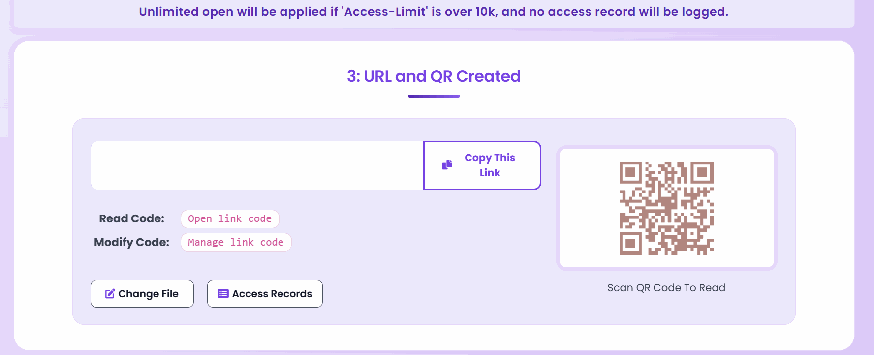 The finished managed link with QR code